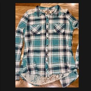 Vanity plaid top. Turquoise, taupe, cream w lace